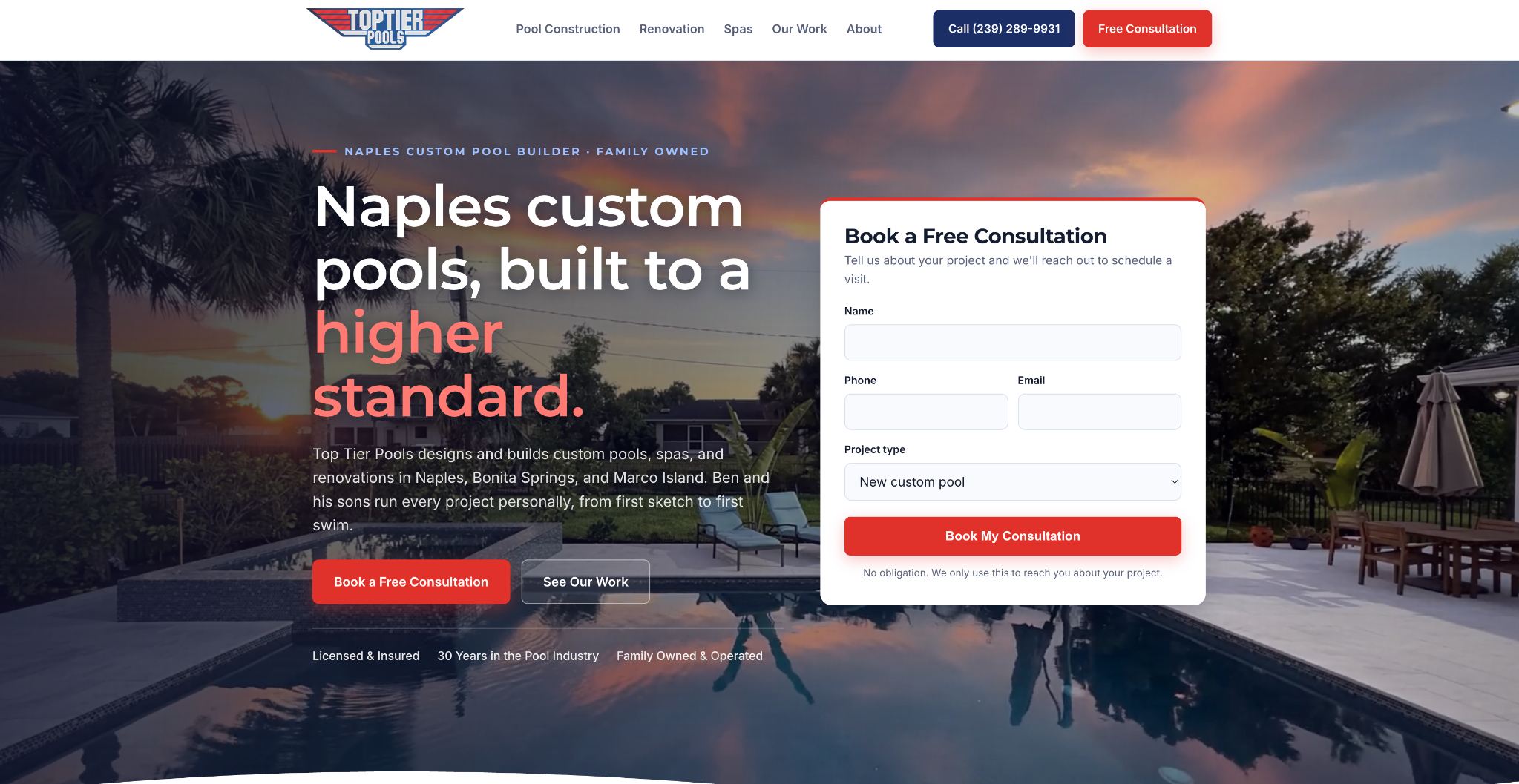 Top Tier Pools website showing custom pool services and a consultation form